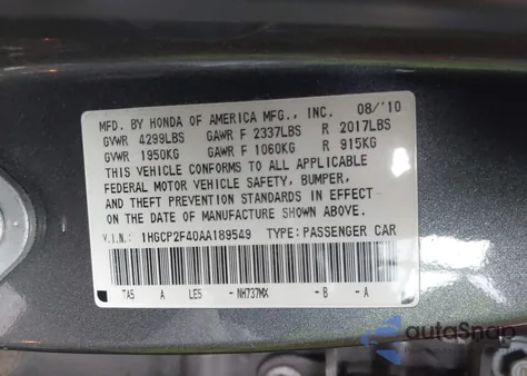 2010 Honda Accord 2.4 Lx-P from USA, damaged, VIN 1HGCP2F40AA189549